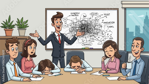 Bored employees in a meeting listening to a presentation.