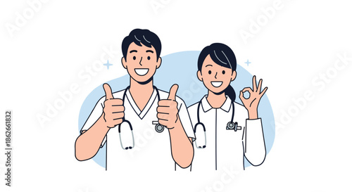 Confident male and female doctor team in uniforms with stethoscopes giving thumbs-up and OK gestures, showing medical success.