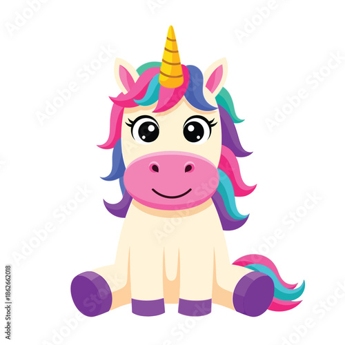 a charming cartoon illustration depicts a whimsical unicorn with a colorful mane and tail radiating joy and enchantment