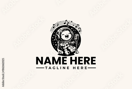 Black and white illustration of a cartoon character in a circular logo design with placeholder text on a beige background.