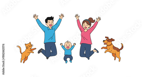 Joyful young family with a baby, a cat, and a dog, all happily jumping in the air together to express their excitement and happiness.