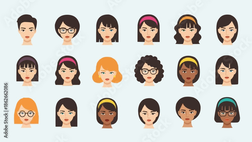 Diverse Collection of Womens Faces with Various Hairstyles and Accessories.