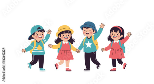 Cheerful group of four diverse elementary school children with backpacks, walking together, holding hands, and waving happily.