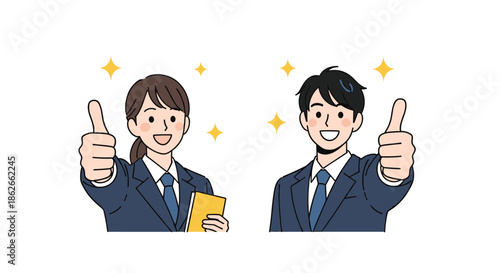 Happy young man and woman in business suits, possibly new employees or students, giving an enthusiastic thumbs-up gesture of approval.