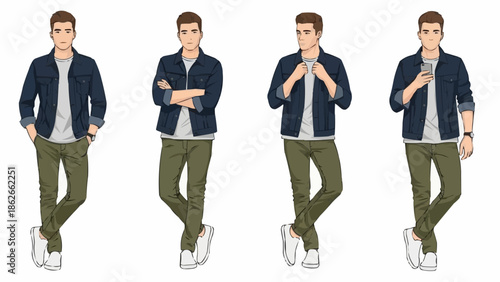 Four men in casual outfits posing in different stances.