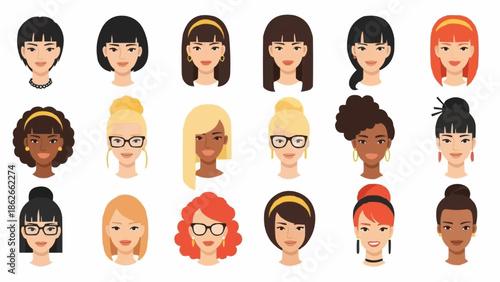 Diverse Collection of Womens Faces - A Study in Hairstyle and Expression.