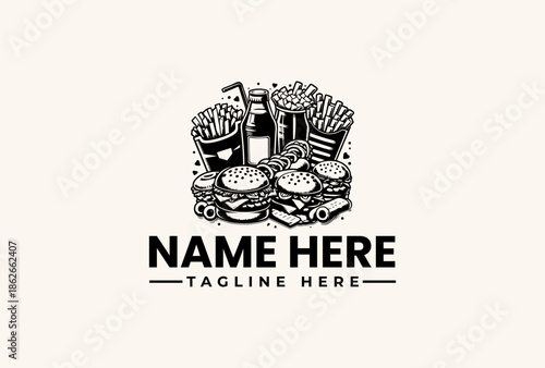 Black and white illustration of a stack of fast food items with a soda bottle and fries on top, surrounded by a clean white background, showcasing a logo design with placeholder text.