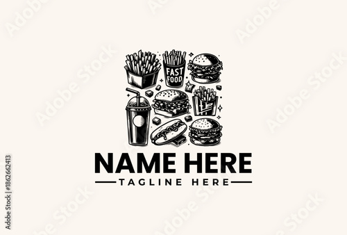 Black and white illustration of food icons including fries, burgers, and soda on a clean white background with a placeholder logo and tagline.