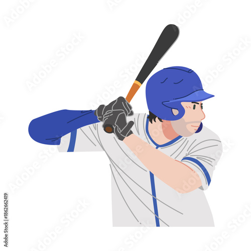 A Batter on the blue team prepares to swing his bat in a baseball game in a side view.