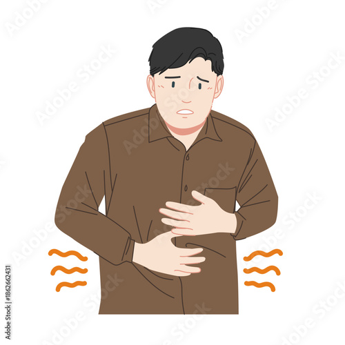 A man in a brown shirt feels hungry, his stomach clenched.