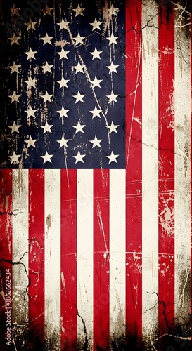 Weathered national banner features faded stars and distressed vertical stripes