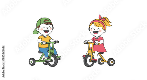 A happy little boy and girl laughing and having fun while riding their colorful tricycles, isolated on a white background.