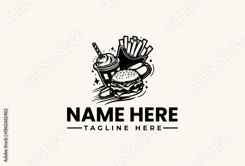 A black and white illustration of a burger, fries, and drink logo on a beige background with space for a name and tagline.