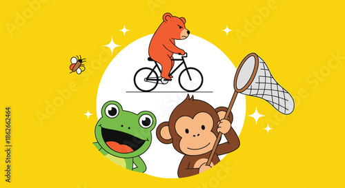 A whimsical cartoon scene with a bear riding a bicycle, a monkey with a butterfly net, and a frog on a bright yellow background.