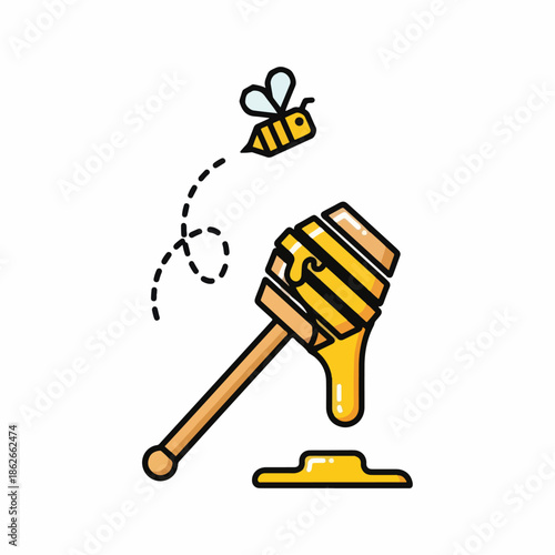 Adorable cartoon bee flying over a wooden honey dipper dripping with golden nectar.