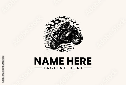 A black and white illustration of a motorcyclist riding in a circular motion with tire tracks, accompanied by a logo template with placeholder text on a beige background.