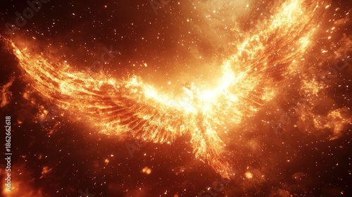 A fiery phoenix rises from an explosive cloud of glowing embers and cosmic energy