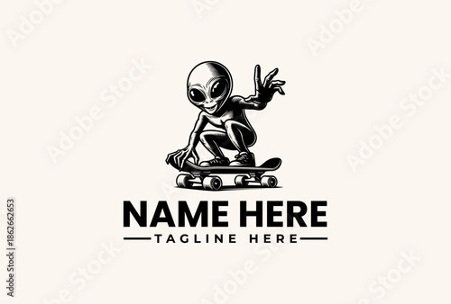 A black and white illustration of an alien riding a skateboard with a peace sign, against a clean white background, with a logo and tagline placeholder.
