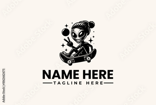 A black and white illustration of an alien character driving a go-kart with a logo and tagline on a beige background, incorporating an icon and vector design elements.