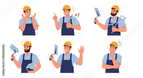 Set of six illustrations of a male construction worker with different emotions and poses, holding various plastering and building tools.
