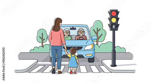 A mother and child carefully waiting at a crosswalk for an elderly couple to drive past the red traffic light for pedestrians.