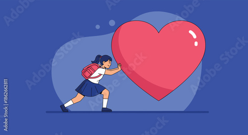 A young schoolgirl in uniform with a backpack pushing a giant red heart, symbolizing effort, love, passion, or overcoming challenges.