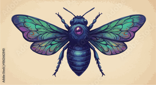 Detailed artistic illustration of a mystical jewel bee insect.