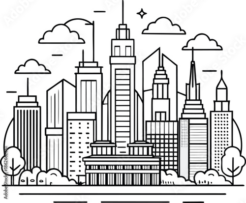 Minimalist city skyline line art illustration with modern skyscrapers and clouds