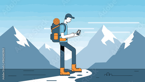 Hiker with backpack using smartphone navigation in mountainous landscape