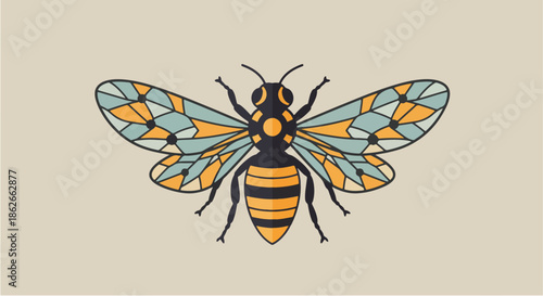 Detailed Illustration of a Colorful Honeybee with Intricate Wing Patterns.
