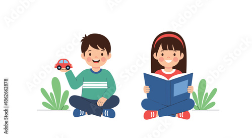 A happy young boy sitting cross-legged holding a toy car, and a girl sitting cross-legged reading a book, on a white background.