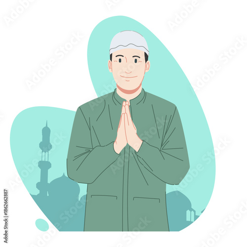Muslim give salam, with a mosque in the background and a calm pastel green atmosphere.