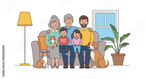 A large, happy three-generation family with two children and pets, sitting together on a sofa in a cozy living room for a group portrait.