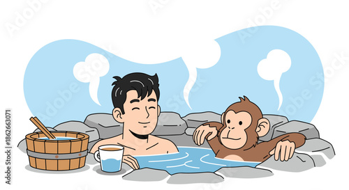 A man and a monkey relaxing together in a Japanese outdoor hot spring, or onsen, representing a unique travel experience in Japan.