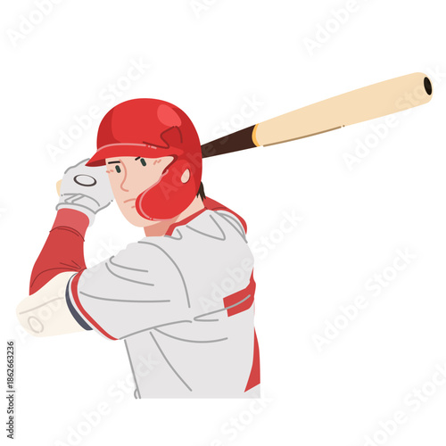 A Batter on the red team is ready to swing his bat in a baseball game.