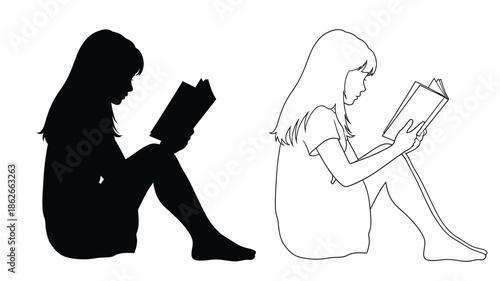 Two women reading books one in dark silhouette and one in line art