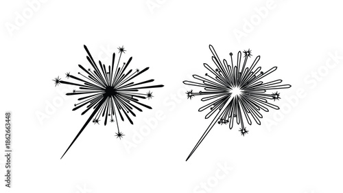 Two sparkling firework displays with radiating light trails a dramatic silhouette