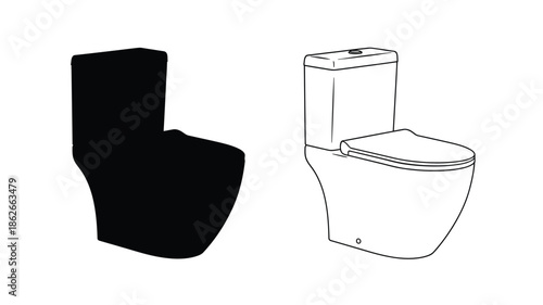 Two toilet designs one in solid black and the other outlined silhouette