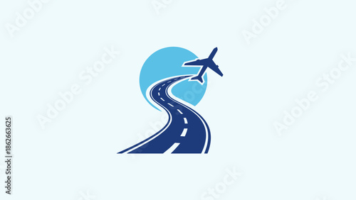 Airplane Taking Off Over Winding Road Against a Blue Circle.