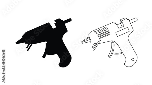 Two depictions of a hot glue gun one in black silhouette
