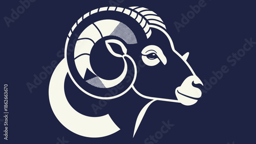 Aries Zodiac Sign Detailed Ram Head Illustration on Dark Blue Background.
