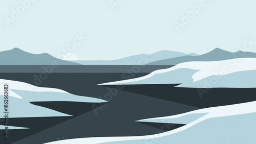 Arctic Landscape with Ice Floes and Distant Mountains.