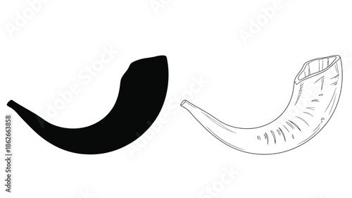 A contrasting depiction of a ram s horn shofar in black and white silhouette