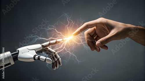 Conceptual image of a human hand touching a robotic metal hand with sparks representing the fusion of humanity and artificial intelligence. AI generated