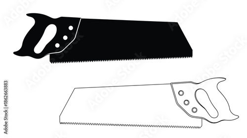 A black and white illustration of a hand saw detailed silhouette