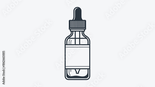 Black and white line art illustration of a cosmetic dropper bottle with a label for design and coloring book applications.