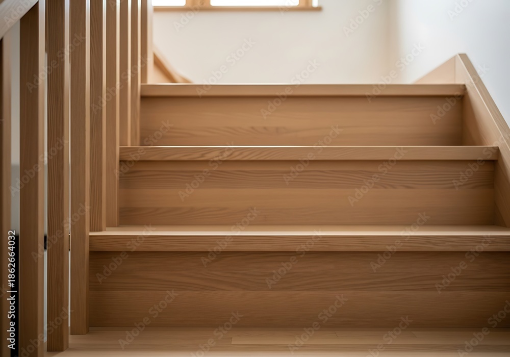 Fototapeta premium Close-up of light wood staircase with minimalist design and vertical bars