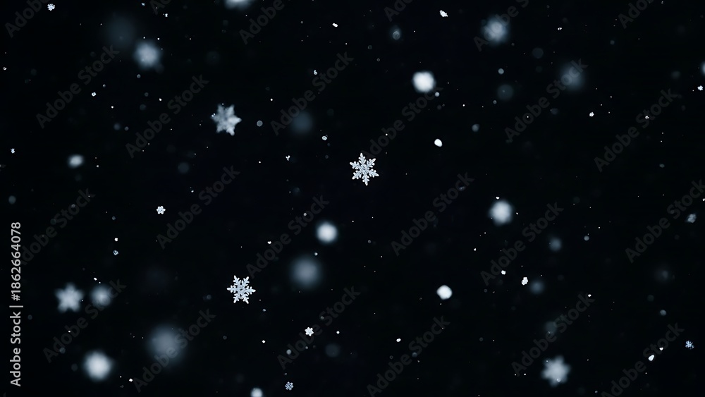 Fototapeta premium Snowflakes falling on black background falling snow white snowflakes