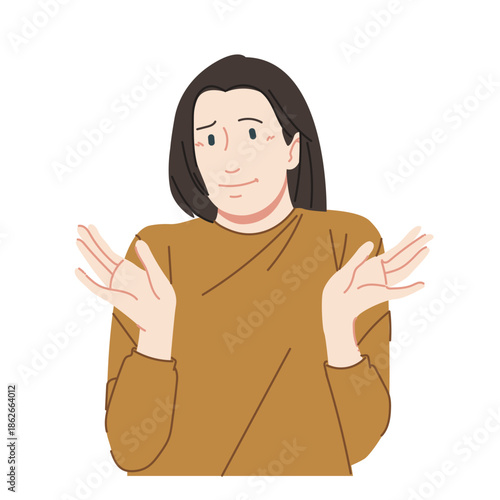 A woman in a brown shirt makes a gesture of confusion and not knowing.