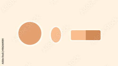 Three circular makeup swatches or containers showing different shades of skin tone foundation and powder for beauty concepts.